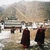 Monks leaving temple